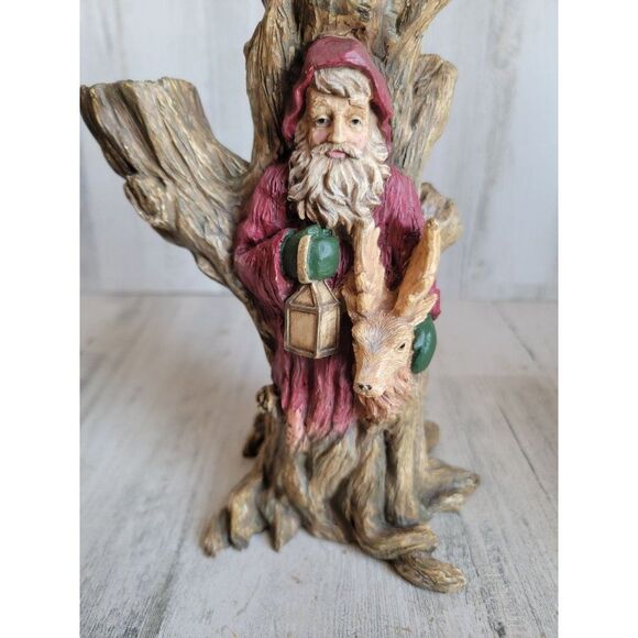 Rustic Santa Claus tree trunk candle holder vintage reindeer Xmas decor - Picture 2 of 8